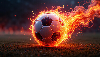 Fototapeta premium Flaming Soccer Ball with Neon Glow on Dark Field and 3D Render Sports Energy Concept