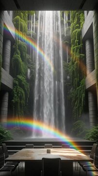 Futuristic Boardroom with Grand Indoor Waterfall and Greenery Generative AI