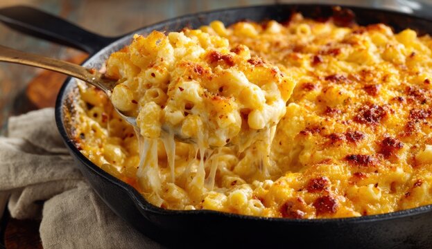 Creamy baked macaroni and cheese with crispy golden topping in a cast iron skillet, close-animated movie view of cheesy comfort food