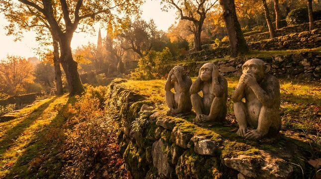 Three Wise Monkeys statues embodying ""see no evil hear no evil speak no evil"" in lush autumn garden