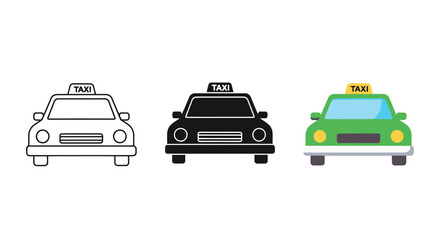 Fototapeta premium Three creative vector graphic design variations of a taxi cab showcasing outline silhouette and colored flat styles for urban transportation projects and web site icons