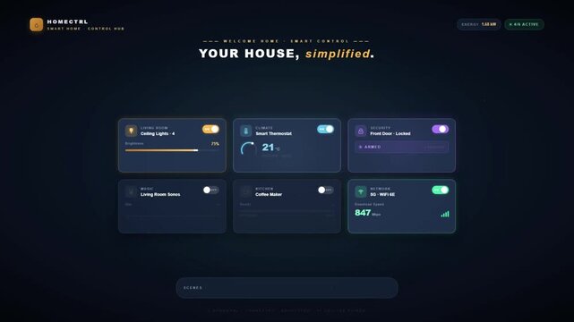 Smart home control hub dashboard interface with digital device management