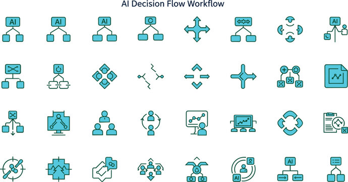 Artificial intelligence decision flow workflow outline icon set illustrating automated decision tree logic processing analytics routing stages minimal vector collection