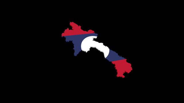 Laos Geographic Map Animation Filled with National Flag, Alpha Channel Included