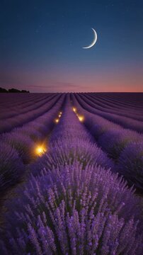 Dreamy Lavender Field under Moonlit Starry Night Sky Generative AI