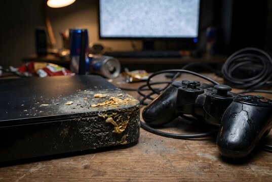 Macro close-up of a gaming router corner with soup crust dust and a broken controller