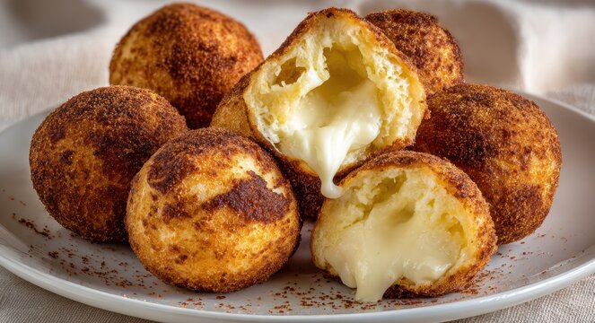 Deep-fried mozzarella sticks with melted cheese center served on ceramic plate, crispy golden-brown exterior, close-animated movie view of snack appetizer
