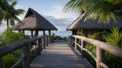Fototapeta premium Wooden bridge leads to tropical huts at the shore. Two huts with a thatched roof, surrounded by tropical nature. A peaceful vacation destination is seen at the sea