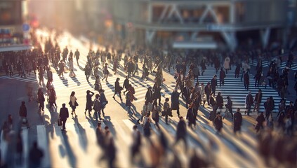 Fototapeta premium Busy urban crosswalk at sunset with many people walking