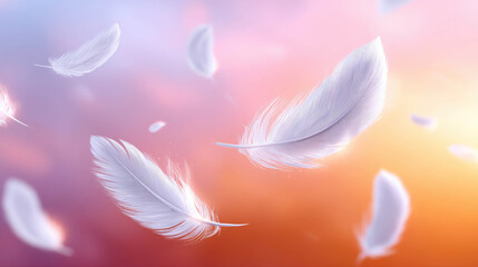 Naklejka premium Delicate feathers floating gently against a vibrant sky, symbolizing freedom and peace