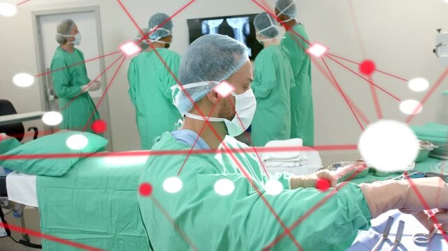 Male surgeon reaching, arranging tools while surgery team viewing scans, node overlay guiding prep