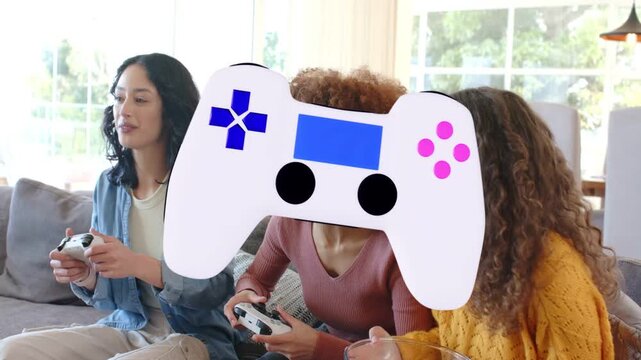 3 women pressing white gamepads on couch causing overlay shift and revealing smiles for gaming