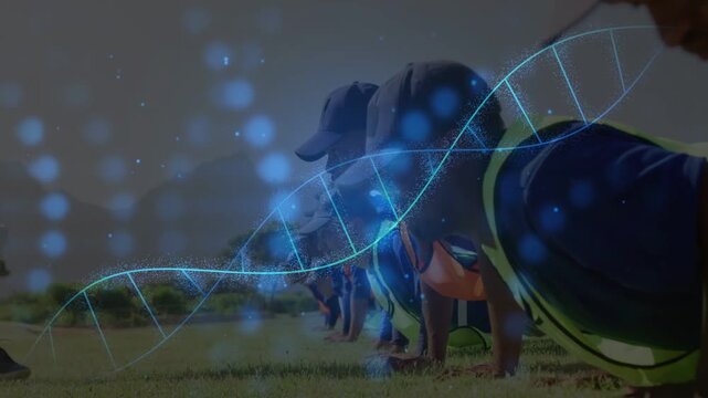 Glowing helix fading in, line of men holding pushups, camera pulling back, coach guiding drill