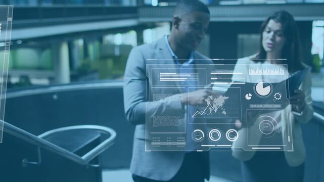 Man and woman walking reviewing folder while charts appearing over folder guiding business review