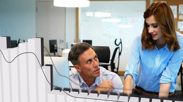 Team leaning and pointing at laptop causing 3D bar and line graph rising analyzing business data
