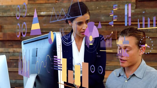 Woman pointing monitor guiding man reviewing floating business charts, man calling confirming data
