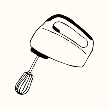 A classic electric hand mixer with a single beater attachment is shown in a clean line art style. Hand drawn vector illustration for appliance logos, cooking tutorials, and baking themed designs