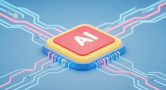 Colourful AI microchip with glowing circuit board connections radiating outward representing artificial intelligence processor technology