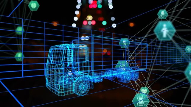 Turquoise hex icons emerging right linking cyan wireframe truck, visualizing pharma supply chain