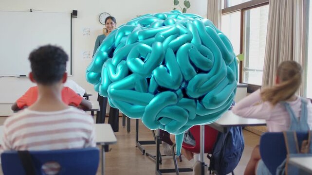 Teacher gesturing and speaking, activating turquoise 3D brain hovering, obscuring class for lesson