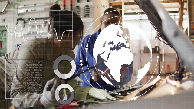 Two mechanics probing engine initiating diagnostics while tech viewing tablet, AR globe obscuring