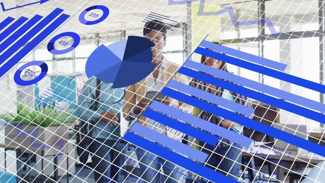 3 women stepping forward, analytics dashboard loading and animating pie chart overlaying team pitch