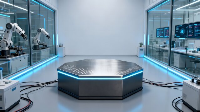 High-Tech Robotic Lab with Blue Glowing Platform