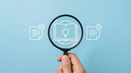 policy review, compliance, document analysis, magnifying glass, business strategy, knowledge management, audit concept with hand holding loupe over document and light bulb icons.