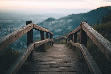 Fototapeta premium Weathered wooden stairs descend a hillside overlooking a hazy cityscape at dusk