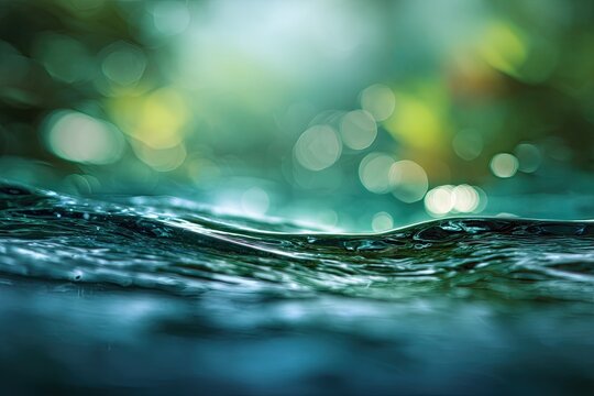 Rippling surface of deep blue water, soft bokeh background of green foliage
