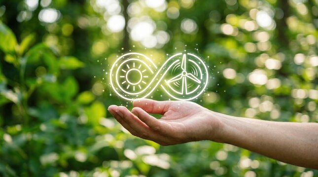 Renewable energy sustainability green technology clean power solar energy wind energy infinity symbol held in hand over lush green forest bokeh for eco-friendly future concepts.