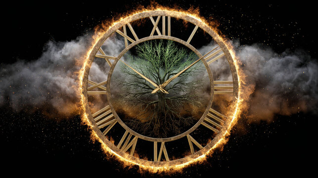 The burning golden clock with a nature view at the center against the black background