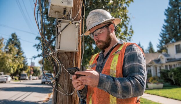 Electrician wearing safety gear inspecting electrical box on street light pole