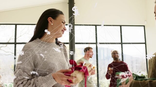 Woman touching ear, offering wrapped gift for holiday, friend receiving hug, finance icons overlay