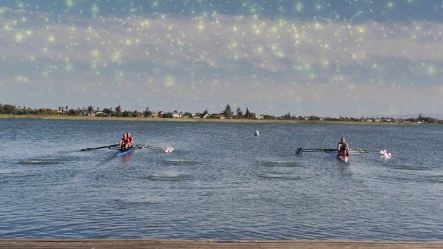 Two scullers starting training strokes, powering boats by white buoy with star overlay above rowers