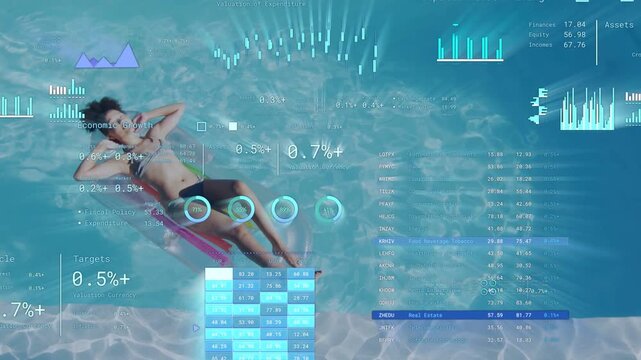 Woman reclining on pink float in sunny pool, HUD refreshing and overlaying charts for analytics