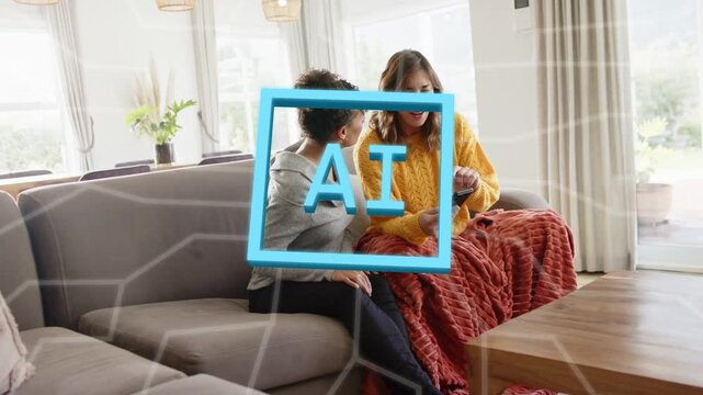 Woman adjusting red throw holding phone, blue AI square growing, radiating brain cloud linking pair