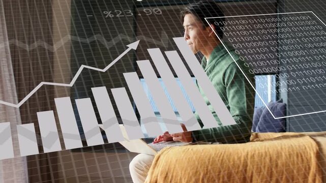 Man typing laptop, causing data overlays turning pie charts into bars and lines, pausing reviewing