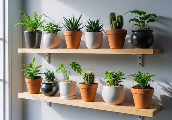 Fototapeta premium Assortment of Potted Green Houseplants Arranged on Two Wooden Shelves Against a White Wall