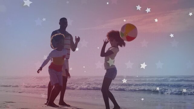 Dad tossing beach ball, kids playing and retrieving to surf, dad clapping, stars overlaying travel