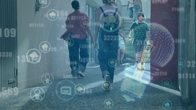 Group walking toward stairs in sunlit alley, movement causing AR overlay showing smartphone icons