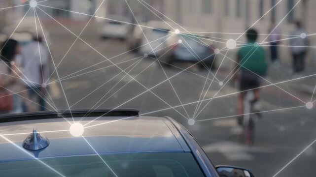 Animated tech network aligning nodes over cyclist, reacting to walkers entering frame near blue car