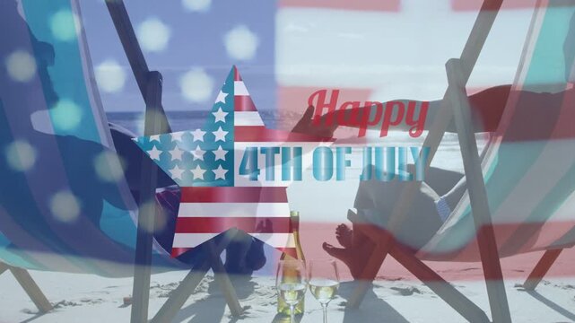 Couple reaching hands on beach, starting Happy 4TH OF JULY overlay appearing over couple and bottle