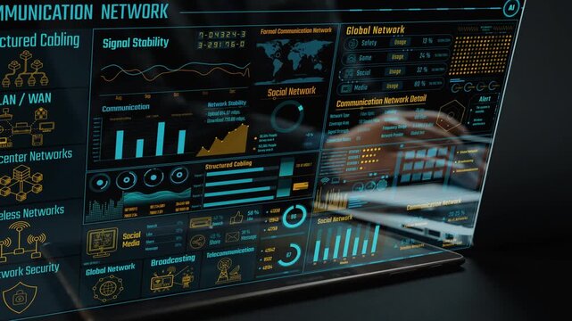 This image showcases a futuristic interface displaying communication network data with a focus on structured cabling and signal stability, highlighting modern technological advancements. Cipher