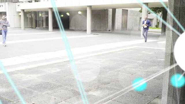 Business exec entering right, man crossing plaza heading to work, cyan streaks overlaying passersby