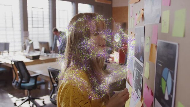Female team member writing sticky notes, sparkles appearing, revealing board and planning business