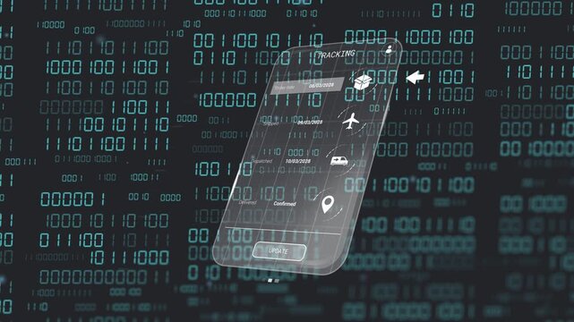 Upon arrow appearing smartphone rotating and tilting, showing tracking UI updating delivery status