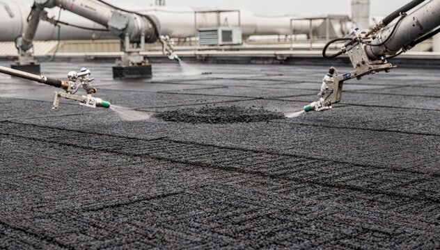 Textured asphalt roof coating being applied by robotic sprayers emphasizing the rough surface pattern and improved traction on roofing materials in an industrial setup.