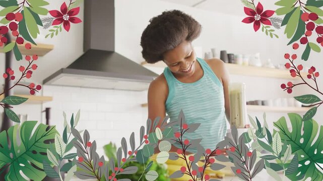 Cook checking blender mixing smoothie lifting head showing drink, floral overlay framing food scene