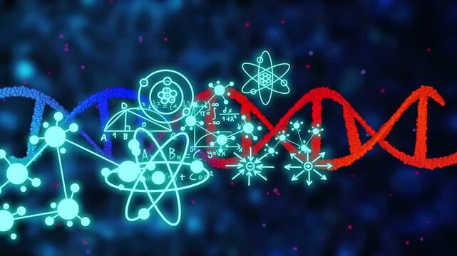 As dots splitting by color, cyan icons forming and writing math across DNA helix, showing molecules